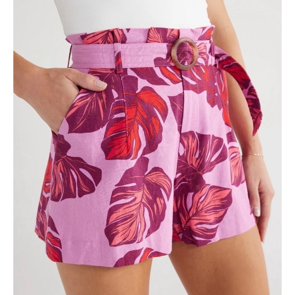 Tropical Palm Linen Blend Sofia Jeans by Sofia Vergara Shorts w/ Belt Pink L